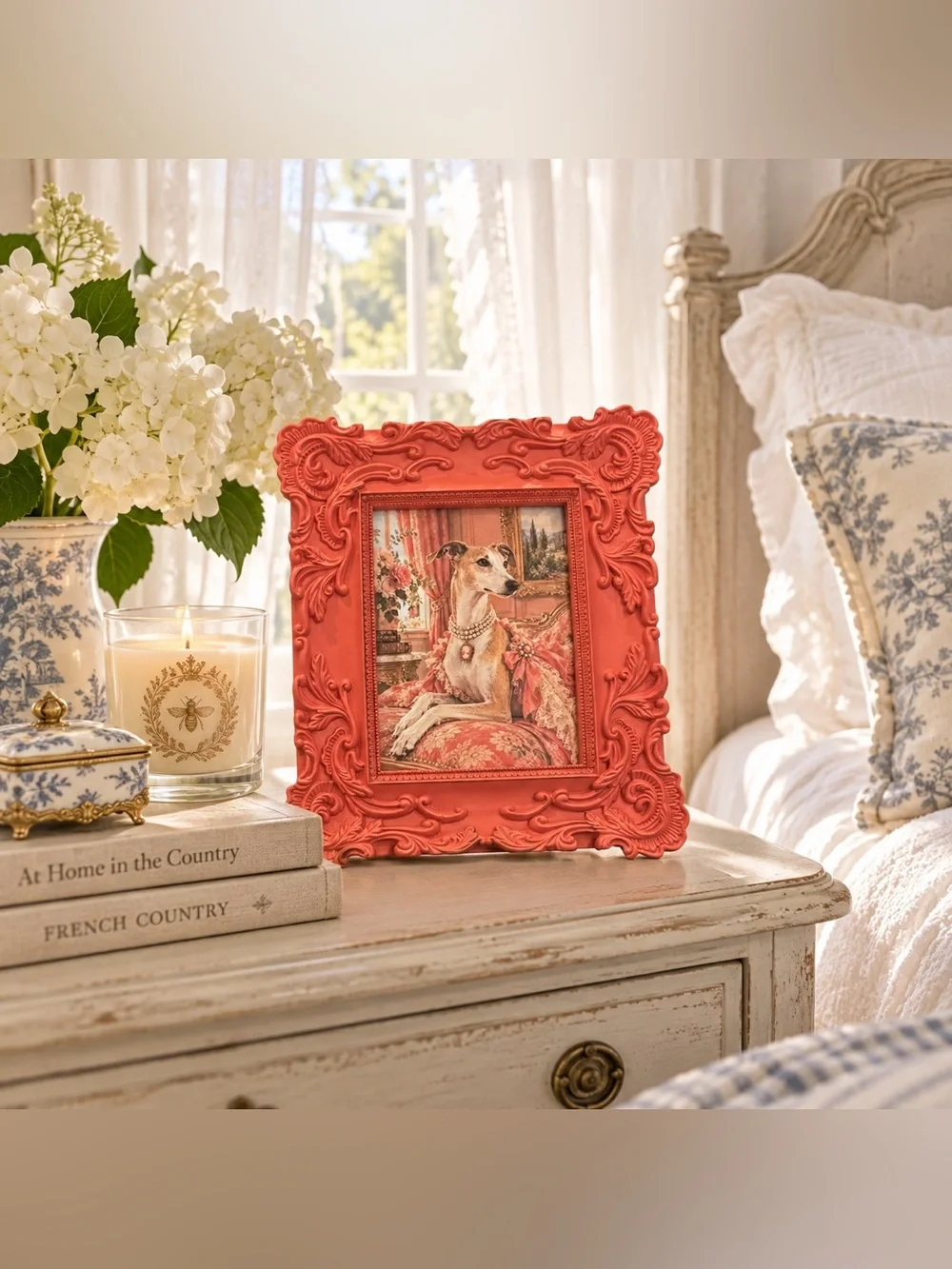 Ornate Coral Rococo Picture Frame Regal Whippet Dog Portrait Cottagecore Decor